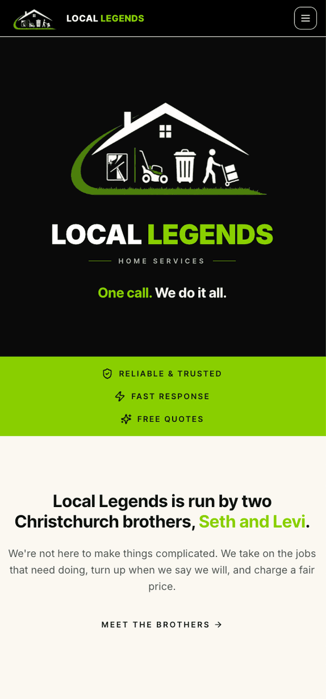 The Local Legends home page: a Christchurch home-services business built by The Advisry
